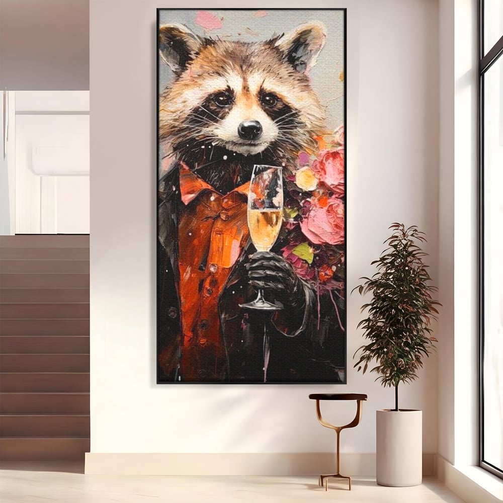 Tablou canvas cu tablou canvas cu raton elegant tinand pahar de sampanie, in rama de aluminiu negru